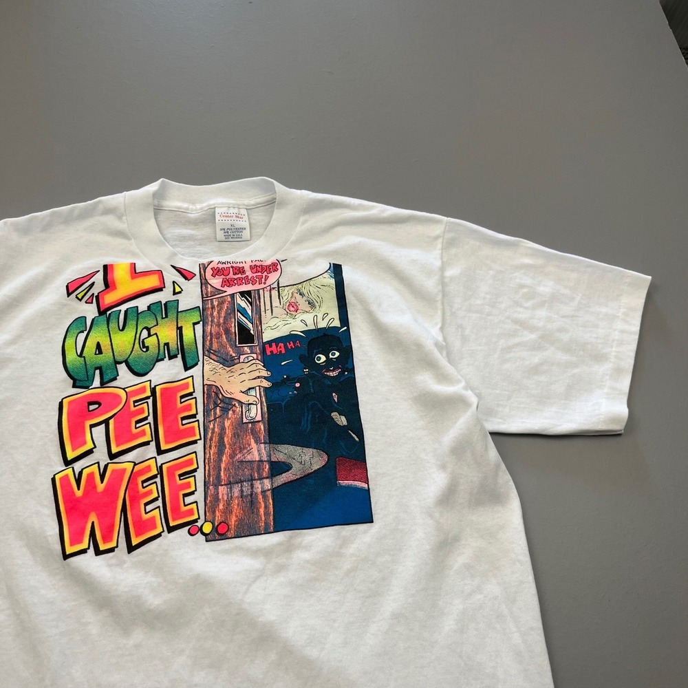 Center Star Graphic Tee Mens XL White Vintage I Caught Pee Wee Herman Misprint